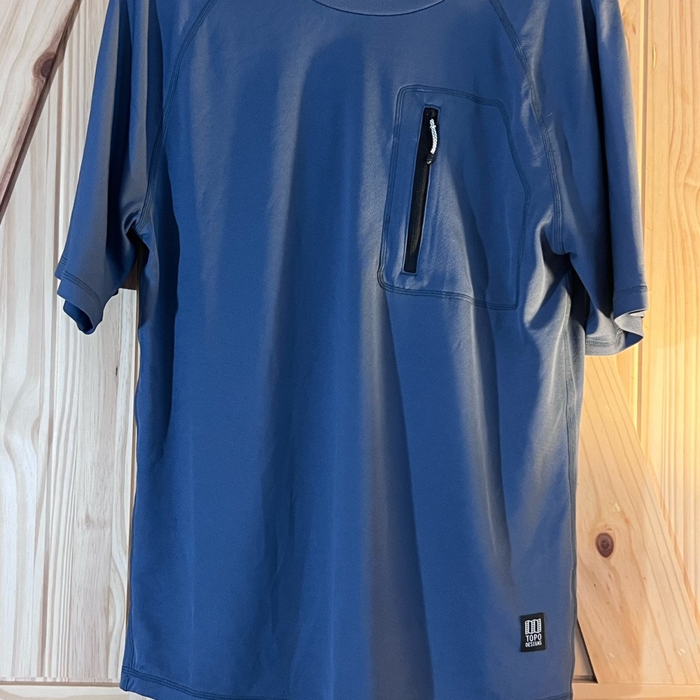 Topo Designs Blue Short Sleeve Tee with Zip Pocket